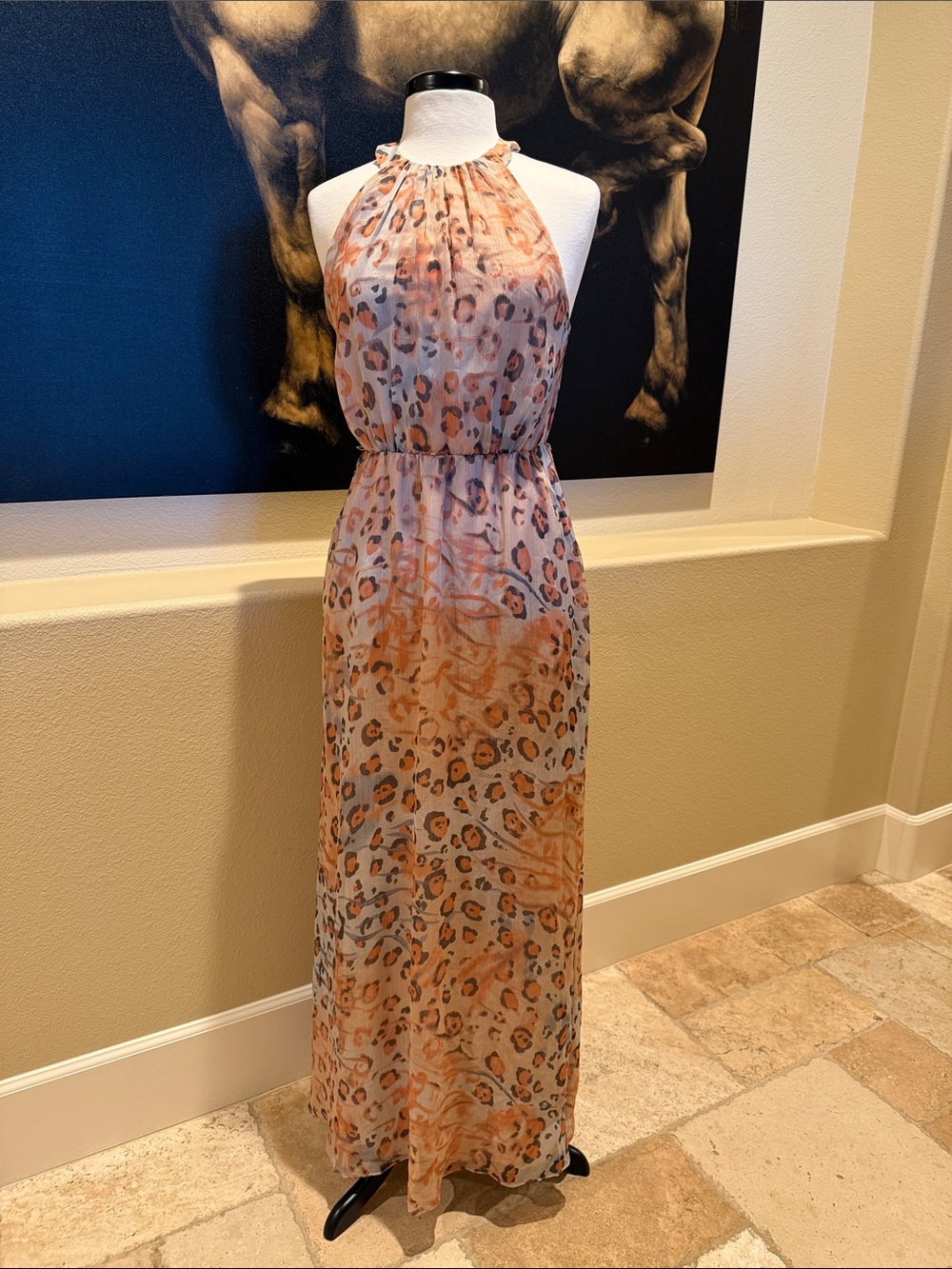 Jessica Simpson Cheetah Peach and Beige Halter Maxi Dress EUC